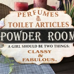 POWDER ROOM PERFUMES METAL TIN  SIGN CHAIN TO HANG ORNATE 16” LADIES ROOM NICE